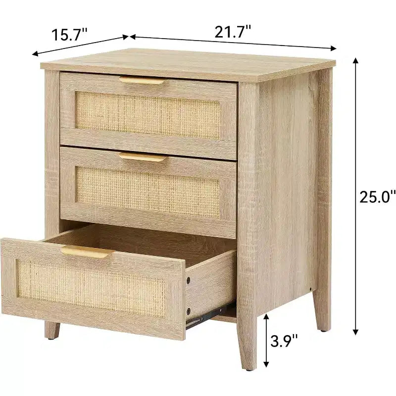 Table de chevet en rotin, table de chevet bohème avec 3 tiroirs en rotin naturel, table de chevet avec pieds en bois robustes pour chambre à coucher, salon, naturel