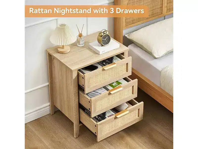 Table de chevet en rotin, table de chevet bohème avec 3 tiroirs en rotin naturel, table de chevet avec pieds en bois robustes pour chambre à coucher, salon, naturel