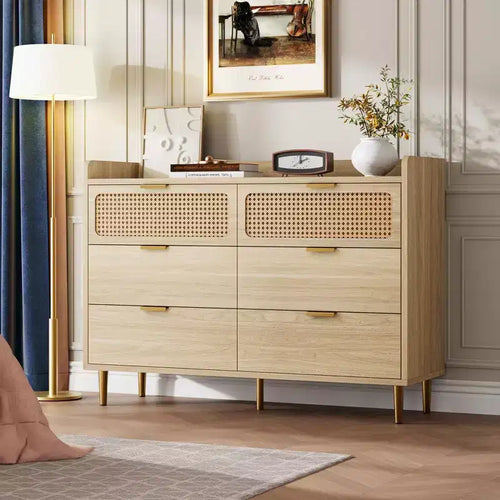 6 Drawer Double Dresser, Rattan Chest of Dressers for Bedroom, Drawer Dresser with Railed Edge, Beside Table for Living Room-Light Oak