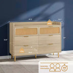 Commode double 6 tiroirs, commode en rotin pour chambre à coucher, commode avec plateau à rebord, table de chevet pour salon - Chêne clair