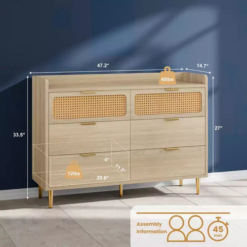 Commode double 6 tiroirs, commode en rotin pour chambre à coucher, commode avec plateau à rebord, table de chevet pour salon - Chêne clair