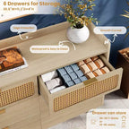 Commode double 6 tiroirs, commode en rotin pour chambre à coucher, commode avec plateau à rebord, table de chevet pour salon - Chêne clair