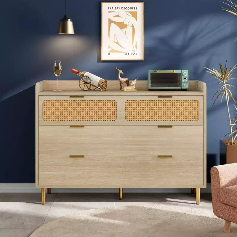Commode double 6 tiroirs, commode en rotin pour chambre à coucher, commode avec plateau à rebord, table de chevet pour salon - Chêne clair