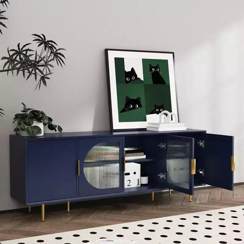 Meuble TV moderne 66 po en bois avec pieds dorés, portes en verre, compatible 55 po, rangement salon/chambre