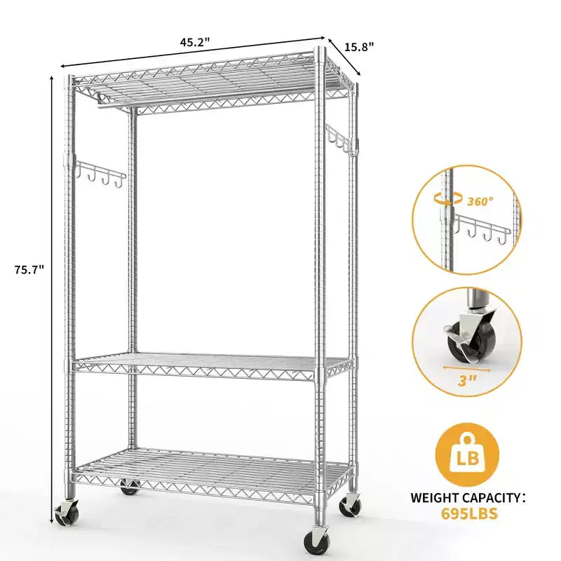 Portant à vêtements roulant à 3 niveaux avec roulettes, portant à vêtements robuste avec étagères réglables et doubles tringles de suspension