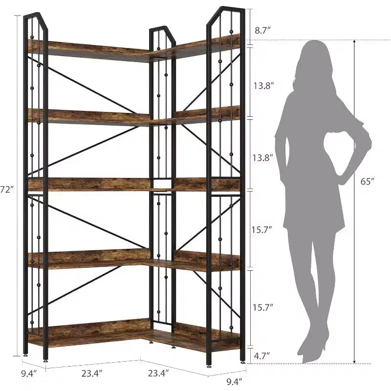 Étagère d'angle industrielle en L, bibliothèque 5 niveaux en métal et bois de 183 cm pour salon, Noir/Rustique