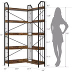 Étagère d'angle industrielle en L, bibliothèque 5 niveaux en métal et bois de 183 cm pour salon, Noir/Rustique