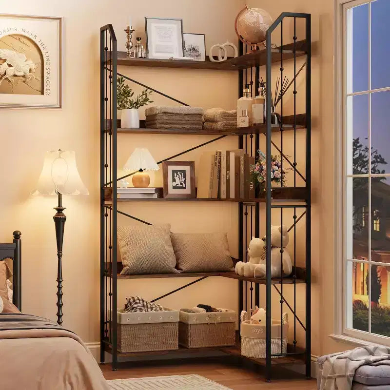 Étagère d'angle industrielle en L, bibliothèque 5 niveaux en métal et bois de 183 cm pour salon, Noir/Rustique