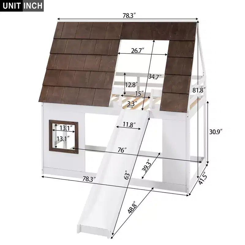 Lit superposé cabane double Luxystar avec toit, fenêtre, échelle et toboggan, blanc+marron