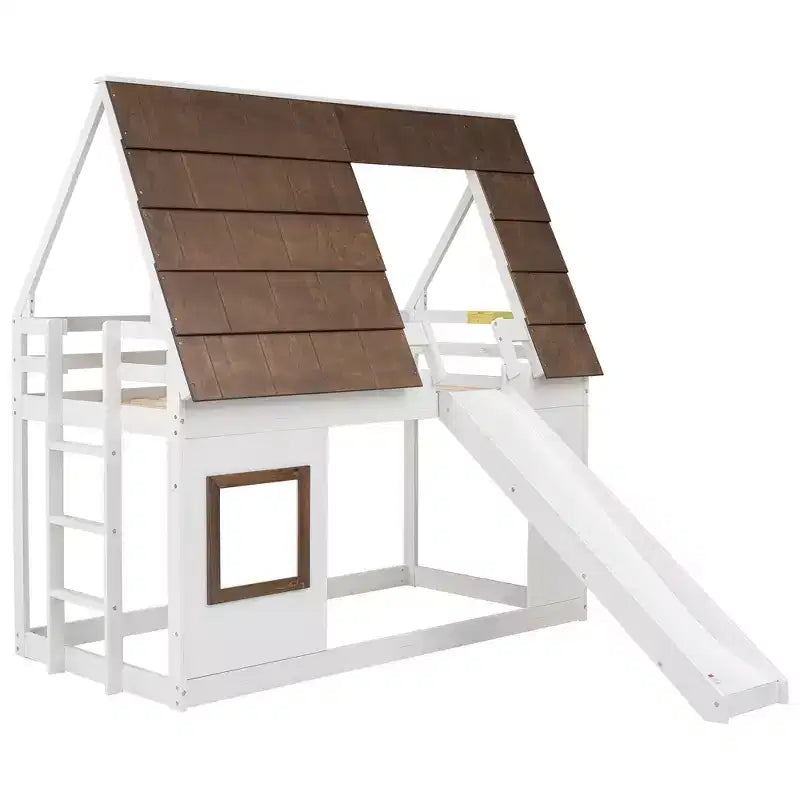 Lit superposé cabane double Luxystar avec toit, fenêtre, échelle et toboggan, blanc+marron