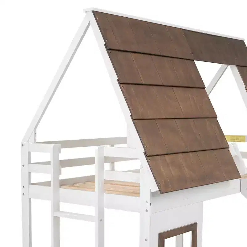 Lit superposé cabane double Luxystar avec toit, fenêtre, échelle et toboggan, blanc+marron