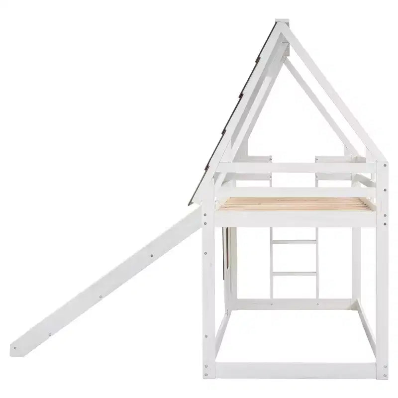 Lit superposé cabane double Luxystar avec toit, fenêtre, échelle et toboggan, blanc+marron