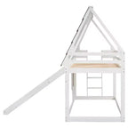 Lit superposé cabane double Luxystar avec toit, fenêtre, échelle et toboggan, blanc+marron