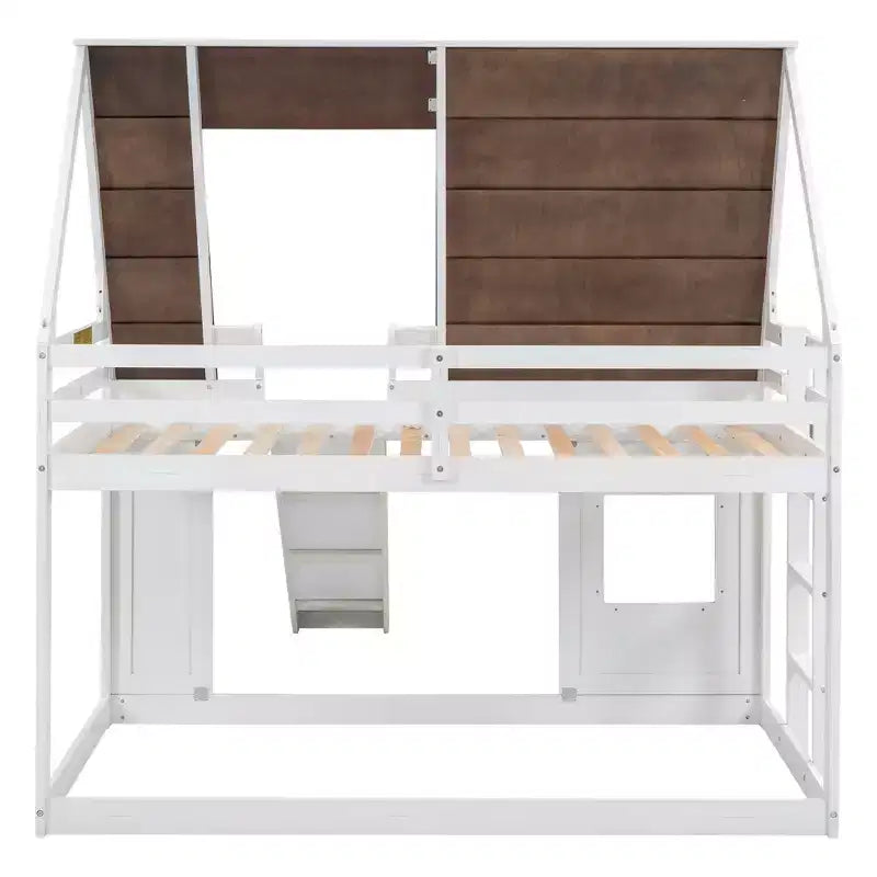 Lit superposé cabane double Luxystar avec toit, fenêtre, échelle et toboggan, blanc+marron