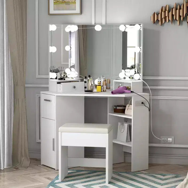 Corner Makeup Vanity Set with Stool & Lighted Mirror, Built-in Charging Station, 2 Drawers, White