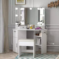 Corner Makeup Vanity Set with Stool & Lighted Mirror, Built-in Charging Station, 2 Drawers, White