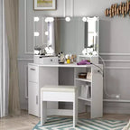 Corner Makeup Vanity Set with Stool & Lighted Mirror, Built-in Charging Station, 2 Drawers, White