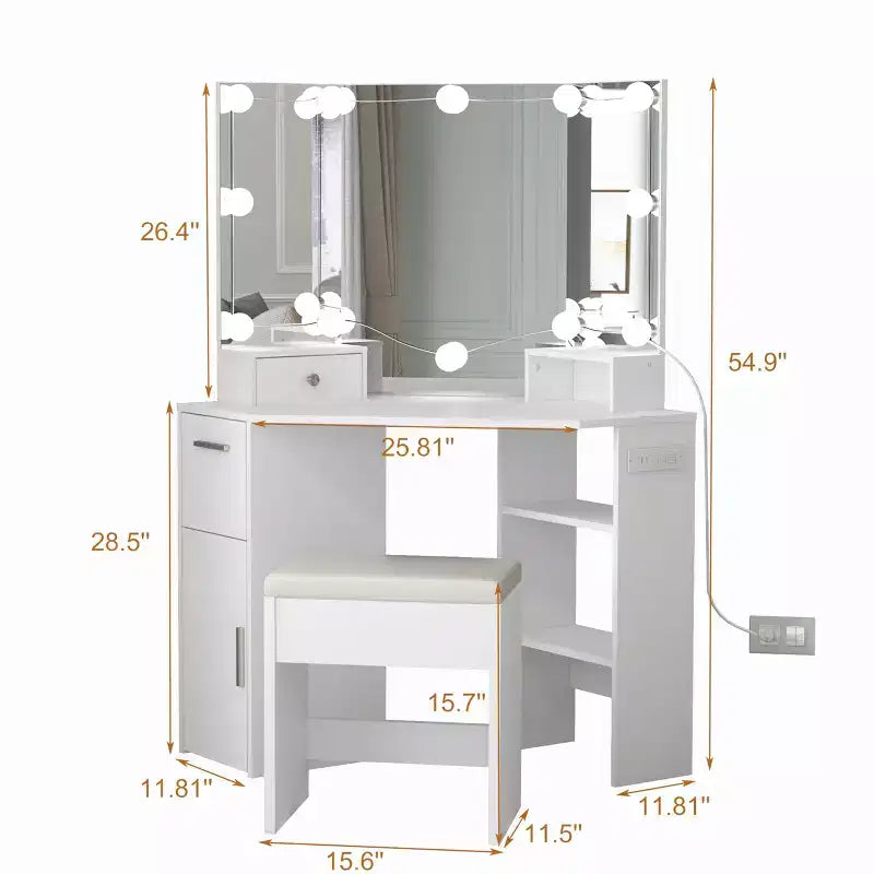 Coiffeuse d'angle avec tabouret et miroir éclairé, station de recharge intégrée, 2 tiroirs, blanc