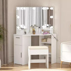 Coiffeuse d'angle avec tabouret et miroir éclairé, station de recharge intégrée, 2 tiroirs, blanc