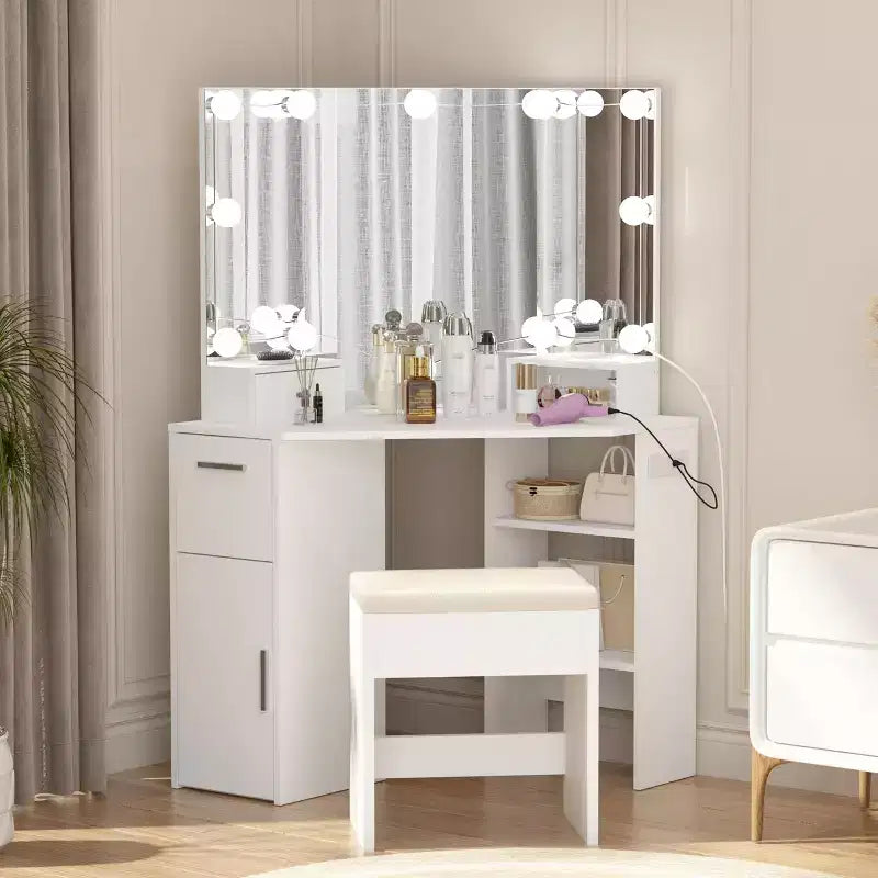 Coiffeuse d'angle avec tabouret et miroir éclairé, station de recharge intégrée, 2 tiroirs, blanc