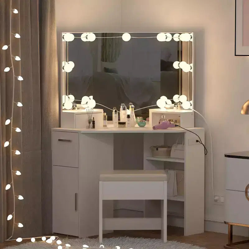 Coiffeuse d'angle avec tabouret et miroir éclairé, station de recharge intégrée, 2 tiroirs, blanc