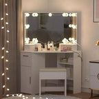 Coiffeuse d'angle avec tabouret et miroir éclairé, station de recharge intégrée, 2 tiroirs, blanc
