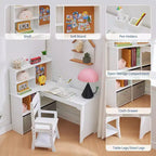 Bureau d'angle pour enfants, ensemble bureau et chaise pour enfants, table d'étude en forme de L pour enfants, tableau d'affichage, étagères ouvertes et armoires de rangement et tiroirs en tissu, blanc