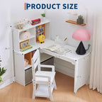 Bureau d'angle pour enfants, ensemble bureau et chaise pour enfants, table d'étude en forme de L pour enfants, tableau d'affichage, étagères ouvertes et armoires de rangement et tiroirs en tissu, blanc