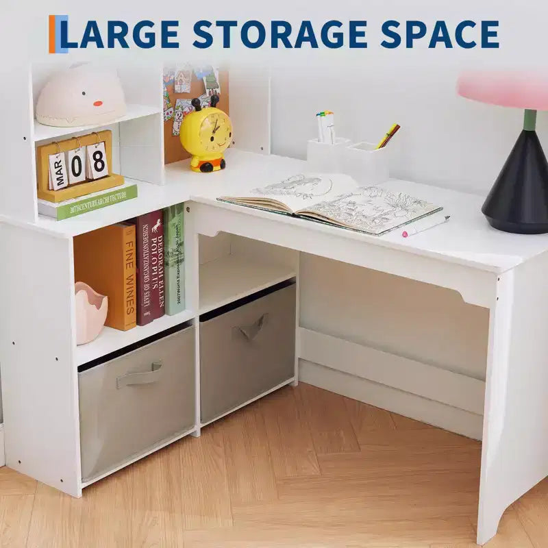 Bureau d'angle pour enfants, ensemble bureau et chaise pour enfants, table d'étude en forme de L pour enfants, tableau d'affichage, étagères ouvertes et armoires de rangement et tiroirs en tissu, blanc