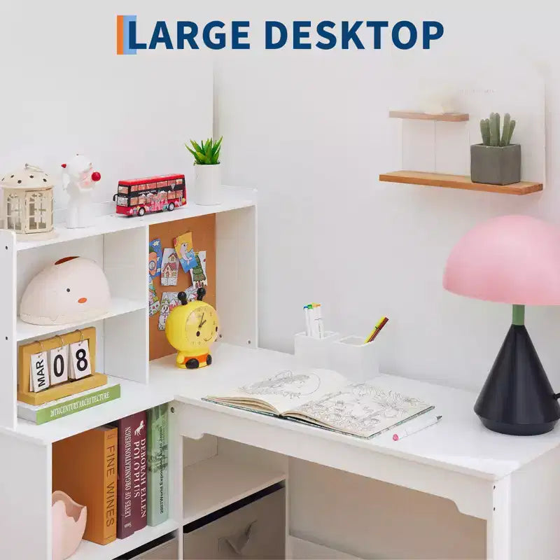 Bureau d'angle pour enfants, ensemble bureau et chaise pour enfants, table d'étude en forme de L pour enfants, tableau d'affichage, étagères ouvertes et armoires de rangement et tiroirs en tissu, blanc