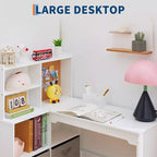 Bureau d'angle pour enfants, ensemble bureau et chaise pour enfants, table d'étude en forme de L pour enfants, tableau d'affichage, étagères ouvertes et armoires de rangement et tiroirs en tissu, blanc