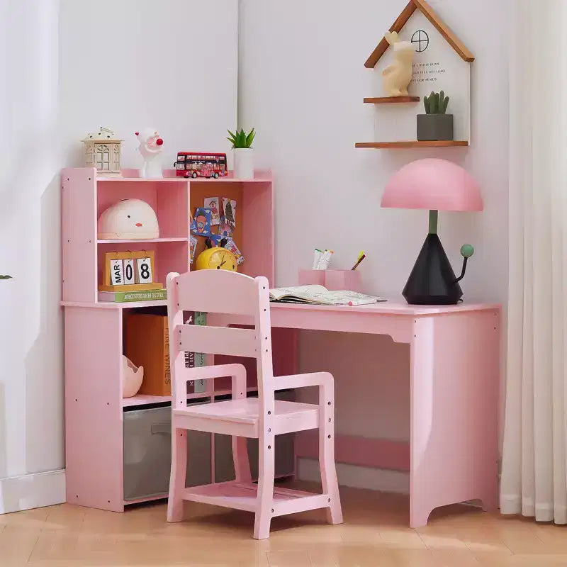 Bureau d'angle pour enfants, ensemble bureau et chaise pour enfants, table d'étude en forme de L pour enfants, tableau d'affichage, étagères ouvertes et armoires de rangement et tiroirs en tissu, blanc