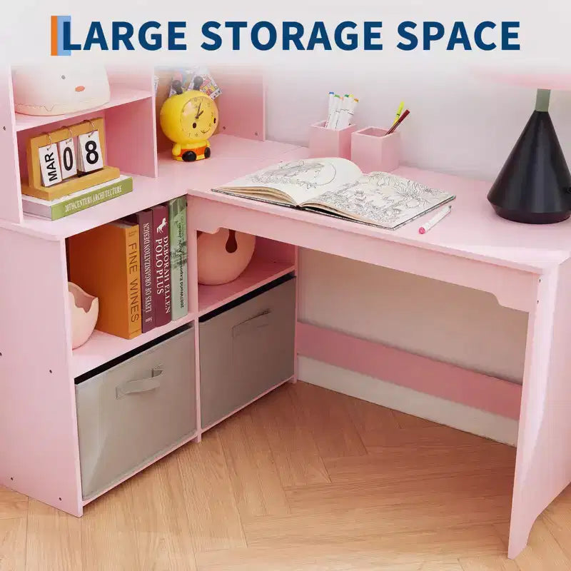 Bureau d'angle pour enfants, ensemble bureau et chaise pour enfants, table d'étude en forme de L pour enfants, tableau d'affichage, étagères ouvertes et armoires de rangement et tiroirs en tissu, blanc