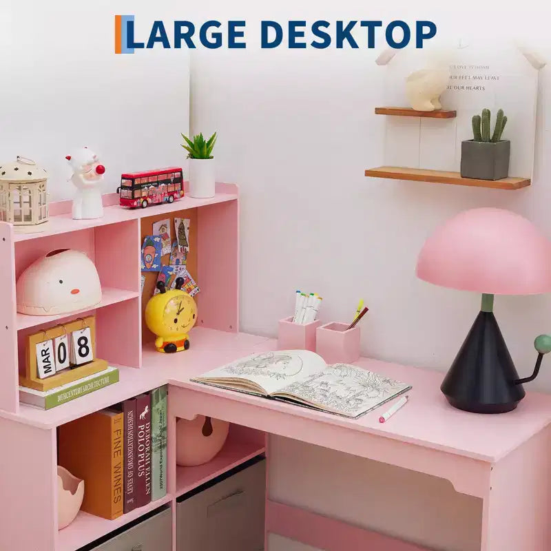 Bureau d'angle pour enfants, ensemble bureau et chaise pour enfants, table d'étude en forme de L pour enfants, tableau d'affichage, étagères ouvertes et armoires de rangement et tiroirs en tissu, blanc