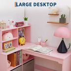 Bureau d'angle pour enfants, ensemble bureau et chaise pour enfants, table d'étude en forme de L pour enfants, tableau d'affichage, étagères ouvertes et armoires de rangement et tiroirs en tissu, blanc