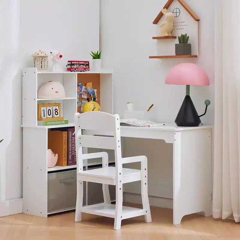 Bureau d'angle pour enfants, ensemble bureau et chaise pour enfants, table d'étude en forme de L pour enfants, tableau d'affichage, étagères ouvertes et armoires de rangement et tiroirs en tissu, blanc