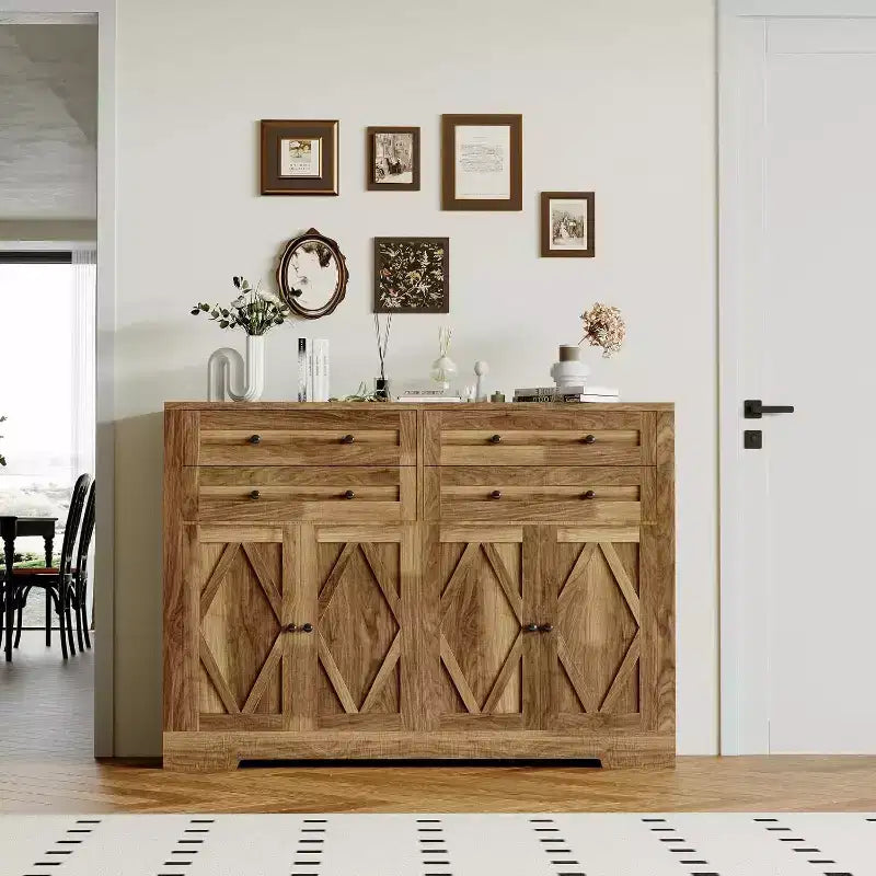 Meuble de rangement avec 4 tiroirs et 4 portes, adapté aux salles à manger et salons
