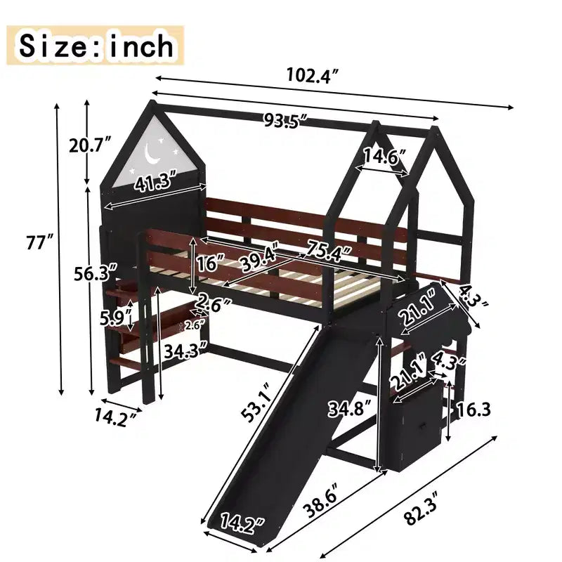 Lit mezzanine Bellemave House avec étagère et toboggan, structure de lit mezzanine en bois massif avec barrières de sécurité et design ludique pour enfants