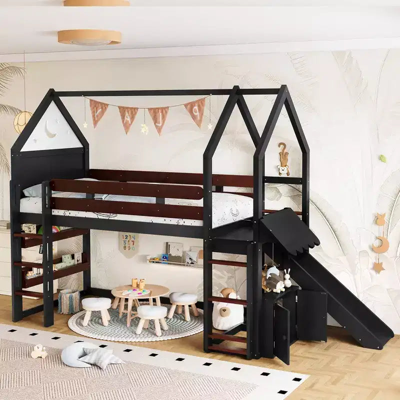 Lit mezzanine Bellemave House avec étagère et toboggan, structure de lit mezzanine en bois massif avec barrières de sécurité et design ludique pour enfants