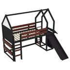 Lit mezzanine Bellemave House avec étagère et toboggan, structure de lit mezzanine en bois massif avec barrières de sécurité et design ludique pour enfants