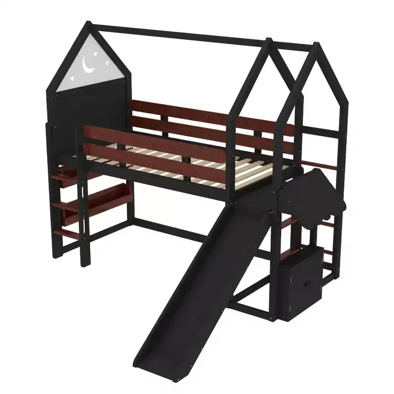 Lit mezzanine Bellemave House avec étagère et toboggan, structure de lit mezzanine en bois massif avec barrières de sécurité et design ludique pour enfants