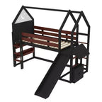 Lit mezzanine Bellemave House avec étagère et toboggan, structure de lit mezzanine en bois massif avec barrières de sécurité et design ludique pour enfants
