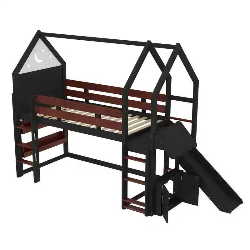 Lit mezzanine Bellemave House avec étagère et toboggan, structure de lit mezzanine en bois massif avec barrières de sécurité et design ludique pour enfants