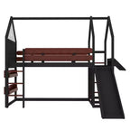 Lit mezzanine Bellemave House avec étagère et toboggan, structure de lit mezzanine en bois massif avec barrières de sécurité et design ludique pour enfants