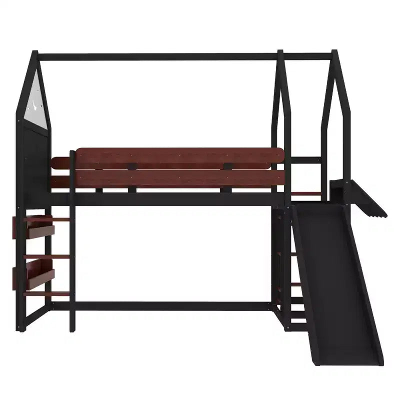 Lit mezzanine Bellemave House avec étagère et toboggan, structure de lit mezzanine en bois massif avec barrières de sécurité et design ludique pour enfants