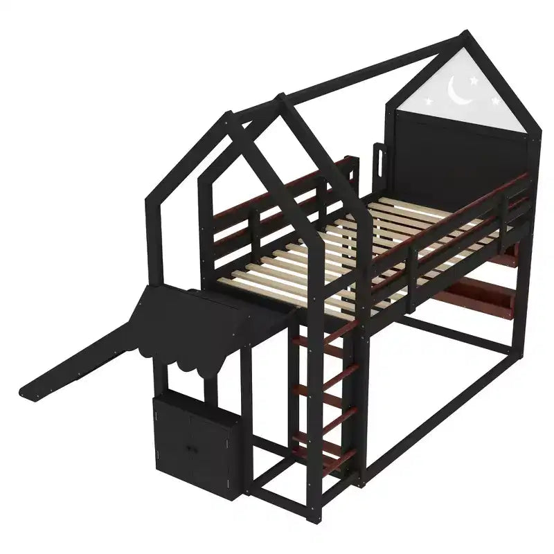 Lit mezzanine Bellemave House avec étagère et toboggan, structure de lit mezzanine en bois massif avec barrières de sécurité et design ludique pour enfants