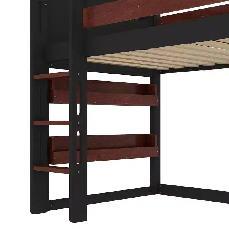 Lit mezzanine Bellemave House avec étagère et toboggan, structure de lit mezzanine en bois massif avec barrières de sécurité et design ludique pour enfants