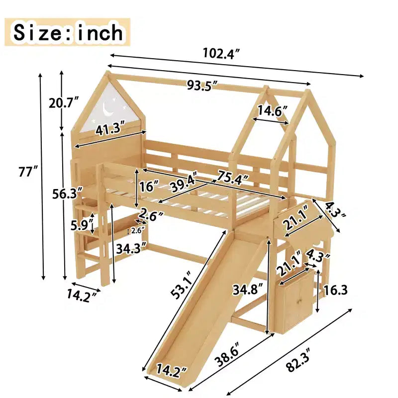 Lit mezzanine Bellemave House avec étagère et toboggan, structure de lit mezzanine en bois massif avec barrières de sécurité et design ludique pour enfants