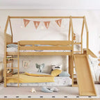 Lit mezzanine Bellemave House avec étagère et toboggan, structure de lit mezzanine en bois massif avec barrières de sécurité et design ludique pour enfants