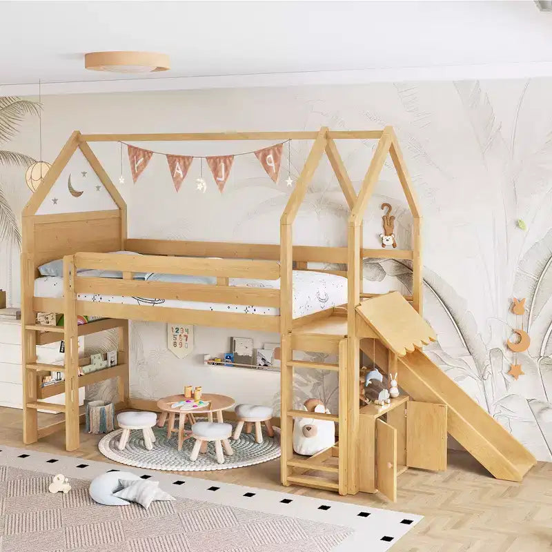 Lit mezzanine Bellemave House avec étagère et toboggan, structure de lit mezzanine en bois massif avec barrières de sécurité et design ludique pour enfants